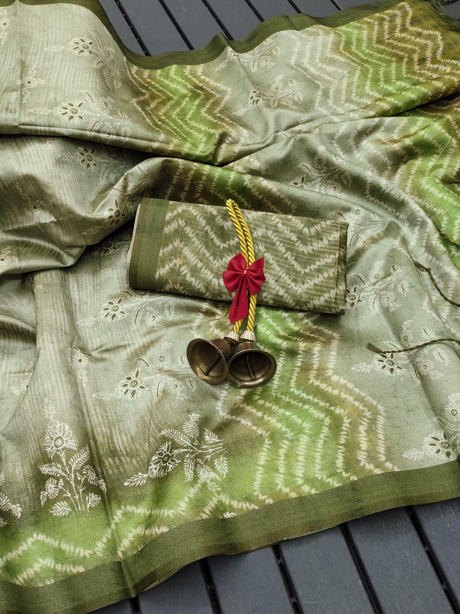 Soft Tussar silk with floral prints saree & pallu with contrast blouse piece surat wholesale saree market