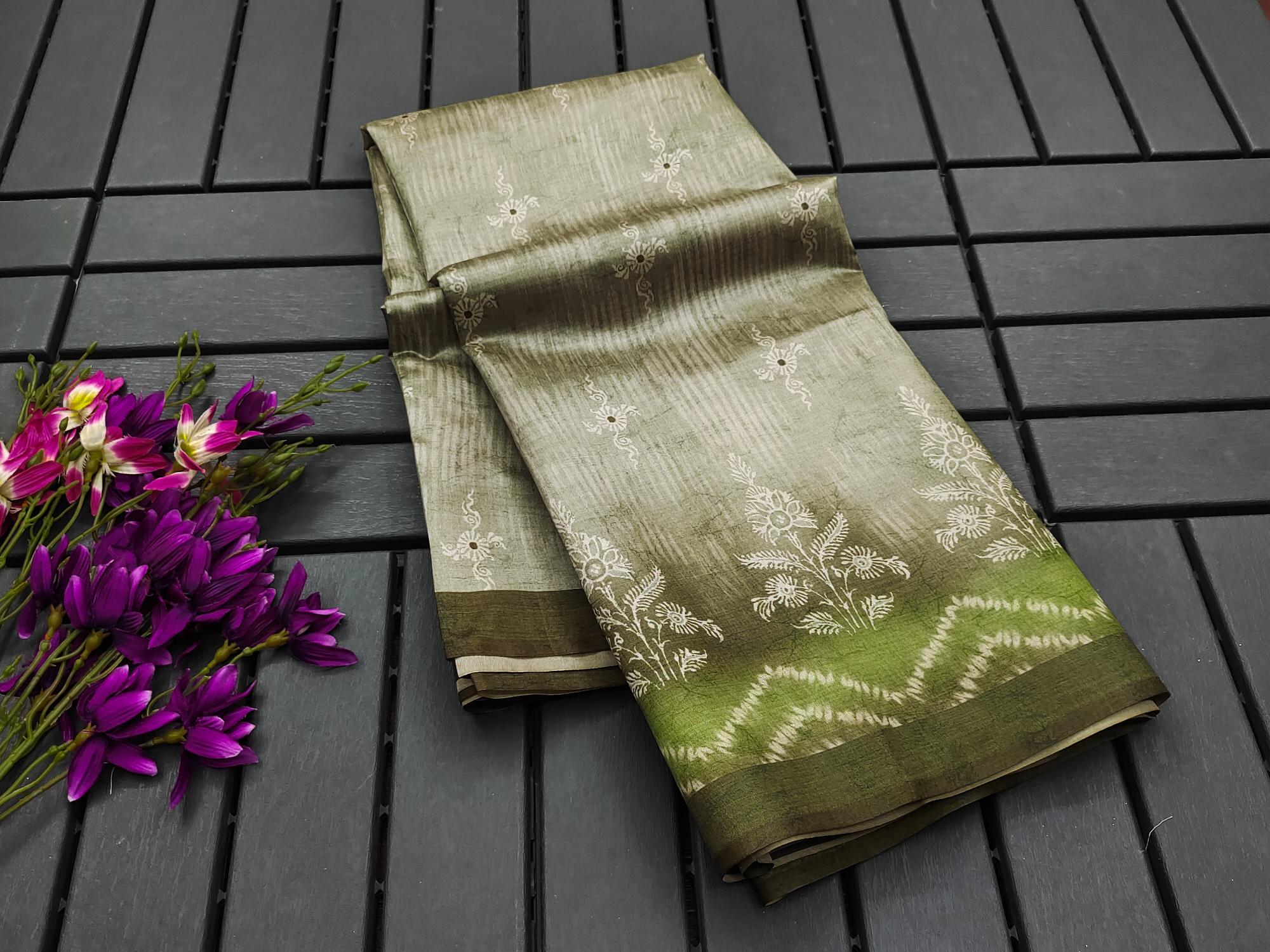 Soft Tussar silk with floral prints saree & pallu with contrast blouse piece surat wholesale saree market