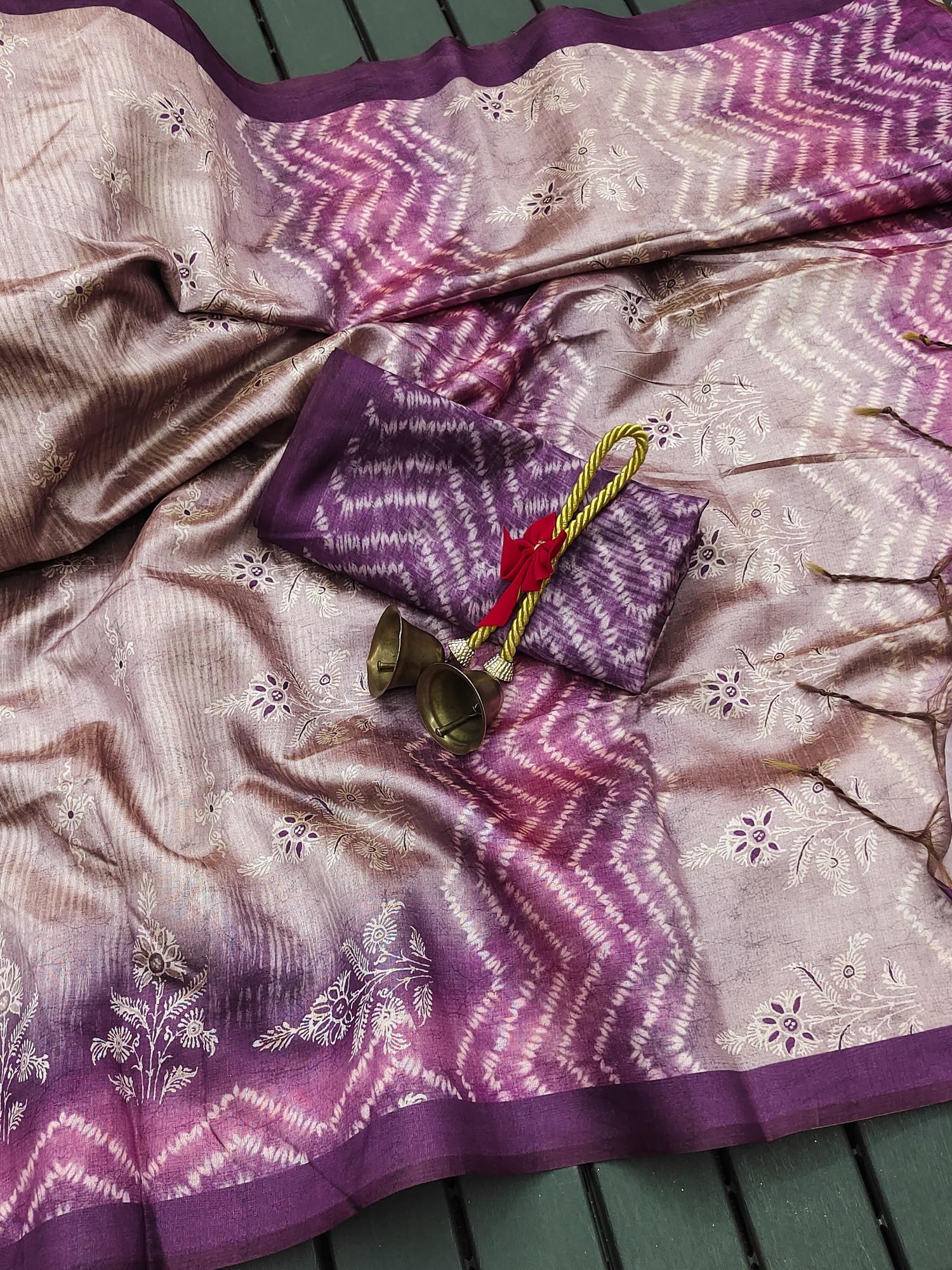 Soft Tussar silk with floral prints saree & pallu with contrast blouse piece surat wholesale saree market