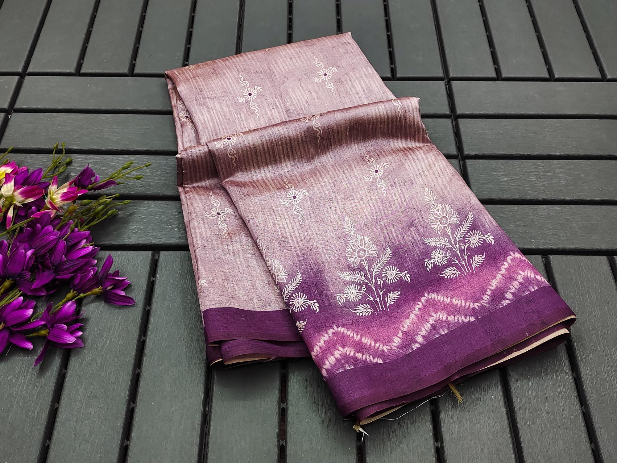 Soft Tussar silk with floral prints saree & pallu with contrast blouse piece surat wholesale saree market