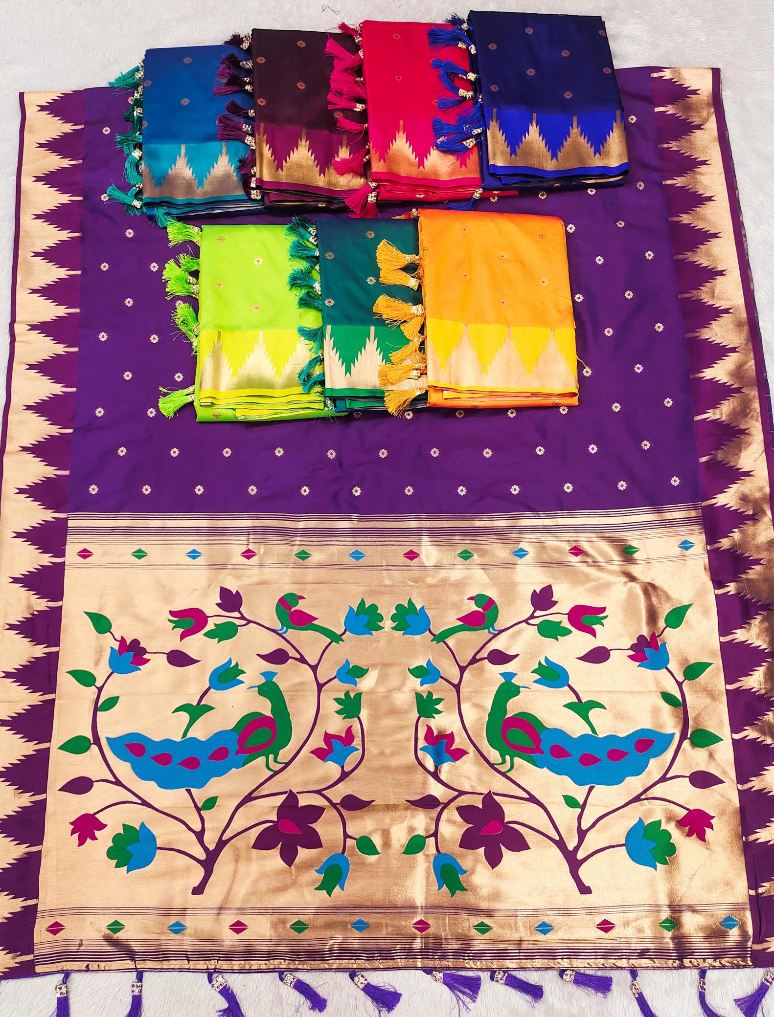 Temple paithani silk meenakari saree & pallu with sleeve border blouse surat sarees wholesale market