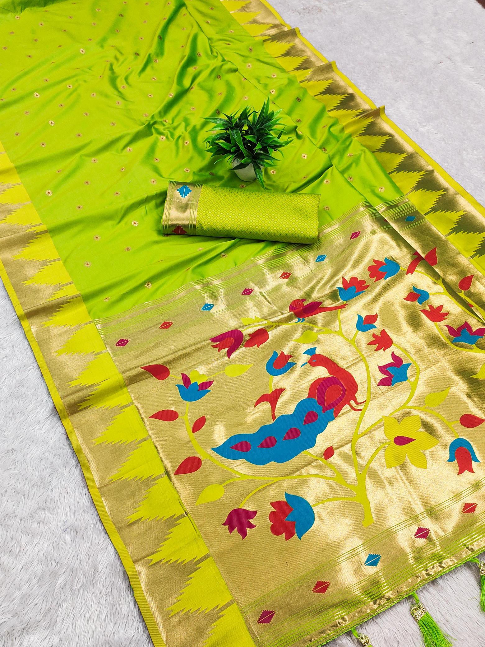 Temple paithani silk meenakari saree & pallu with sleeve border blouse surat sarees wholesale market