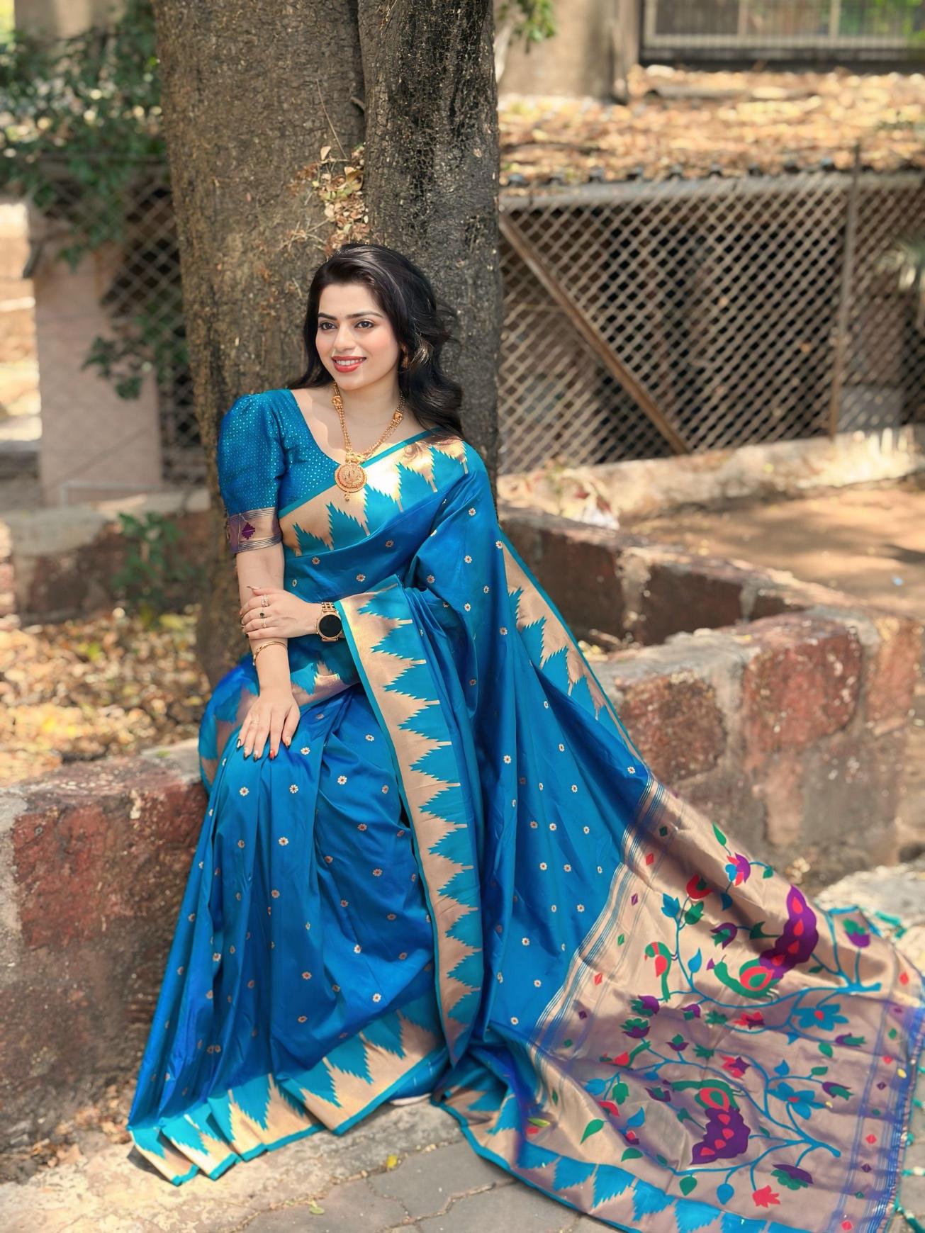 Temple paithani silk meenakari saree & pallu with sleeve border blouse surat sarees wholesale market