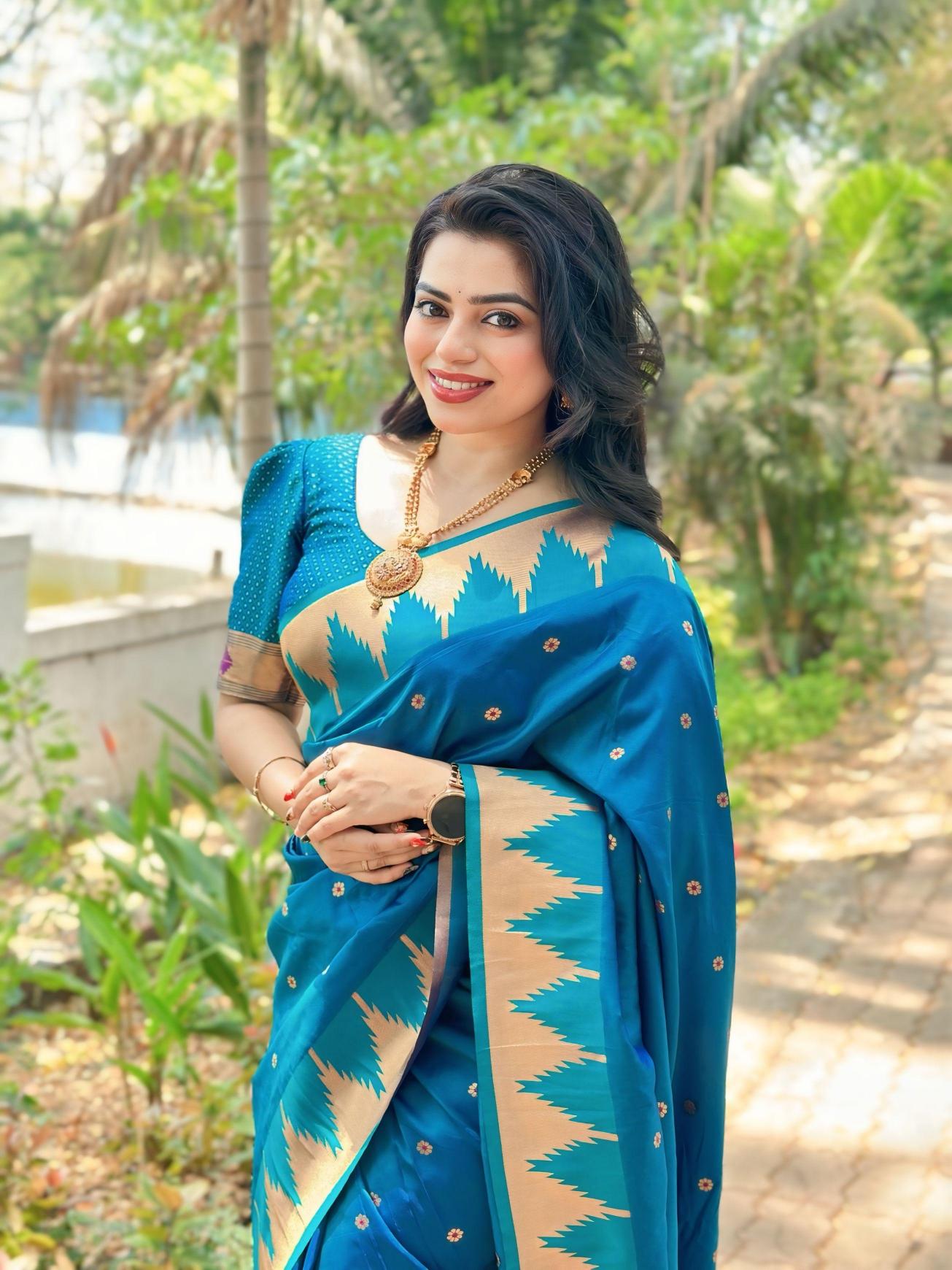 Temple paithani silk meenakari saree & pallu with sleeve border blouse surat sarees wholesale market