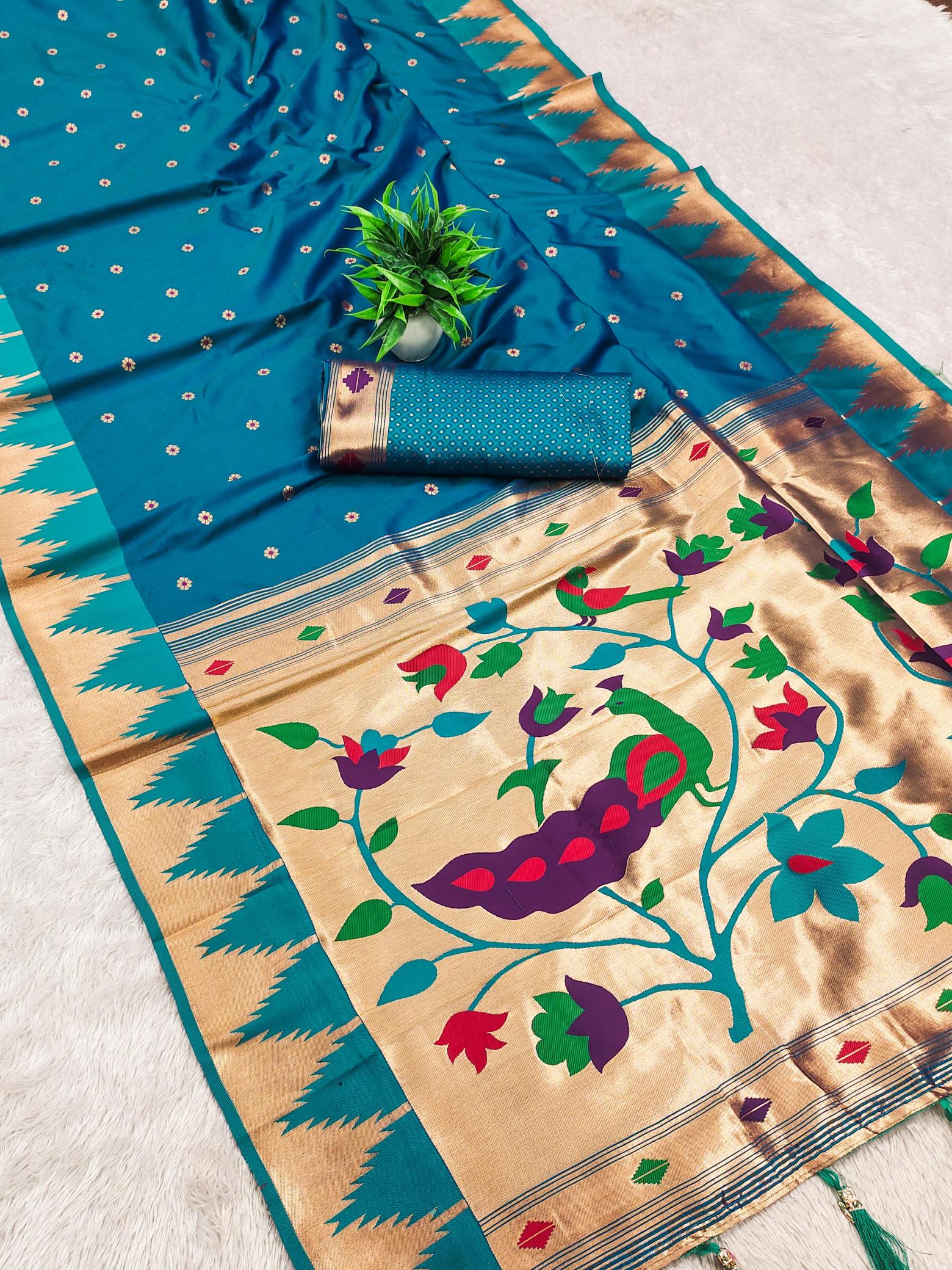 Temple paithani silk meenakari saree & pallu with sleeve border blouse surat sarees wholesale market