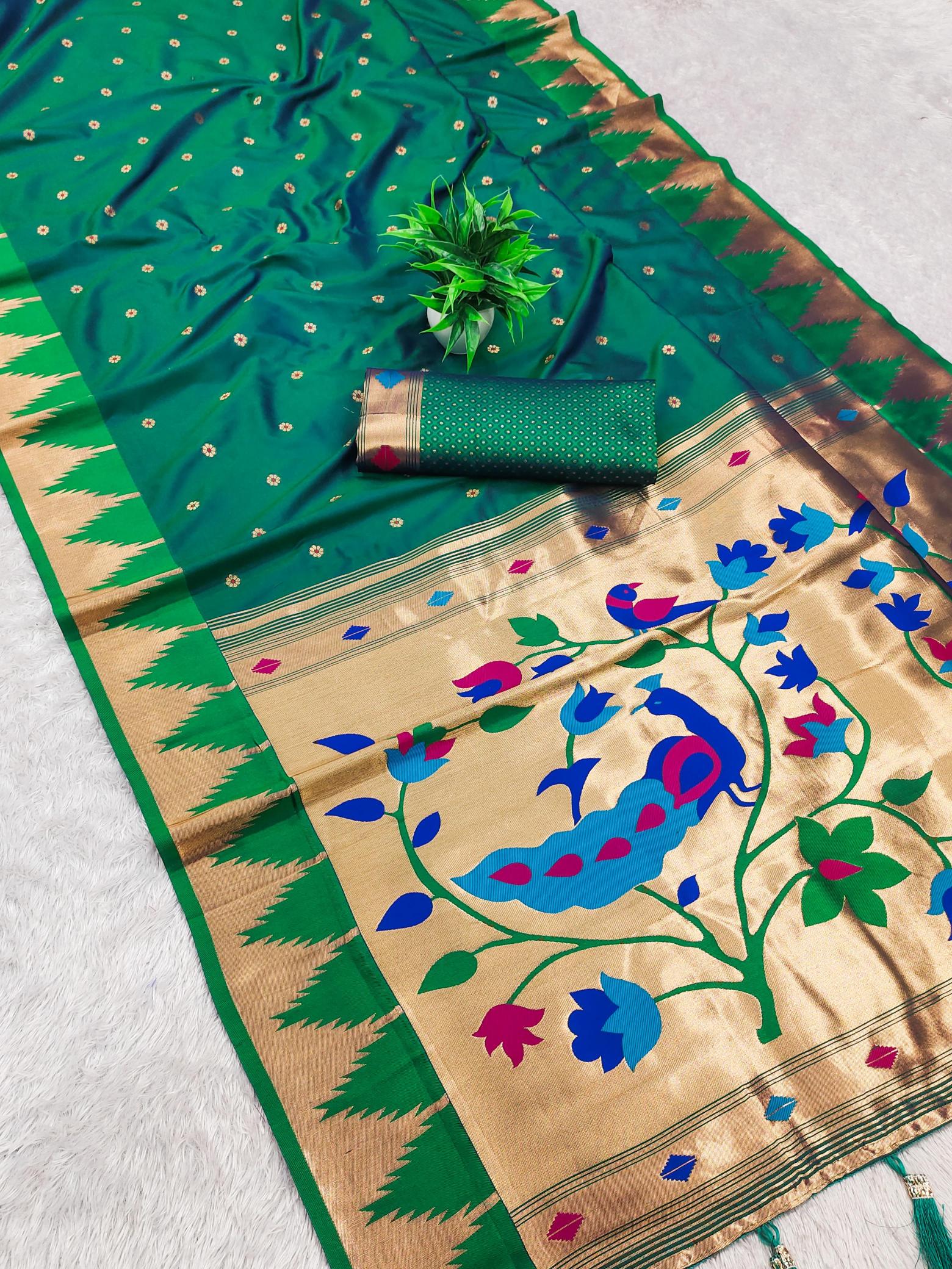 Temple paithani silk meenakari saree & pallu with sleeve border blouse surat sarees wholesale market