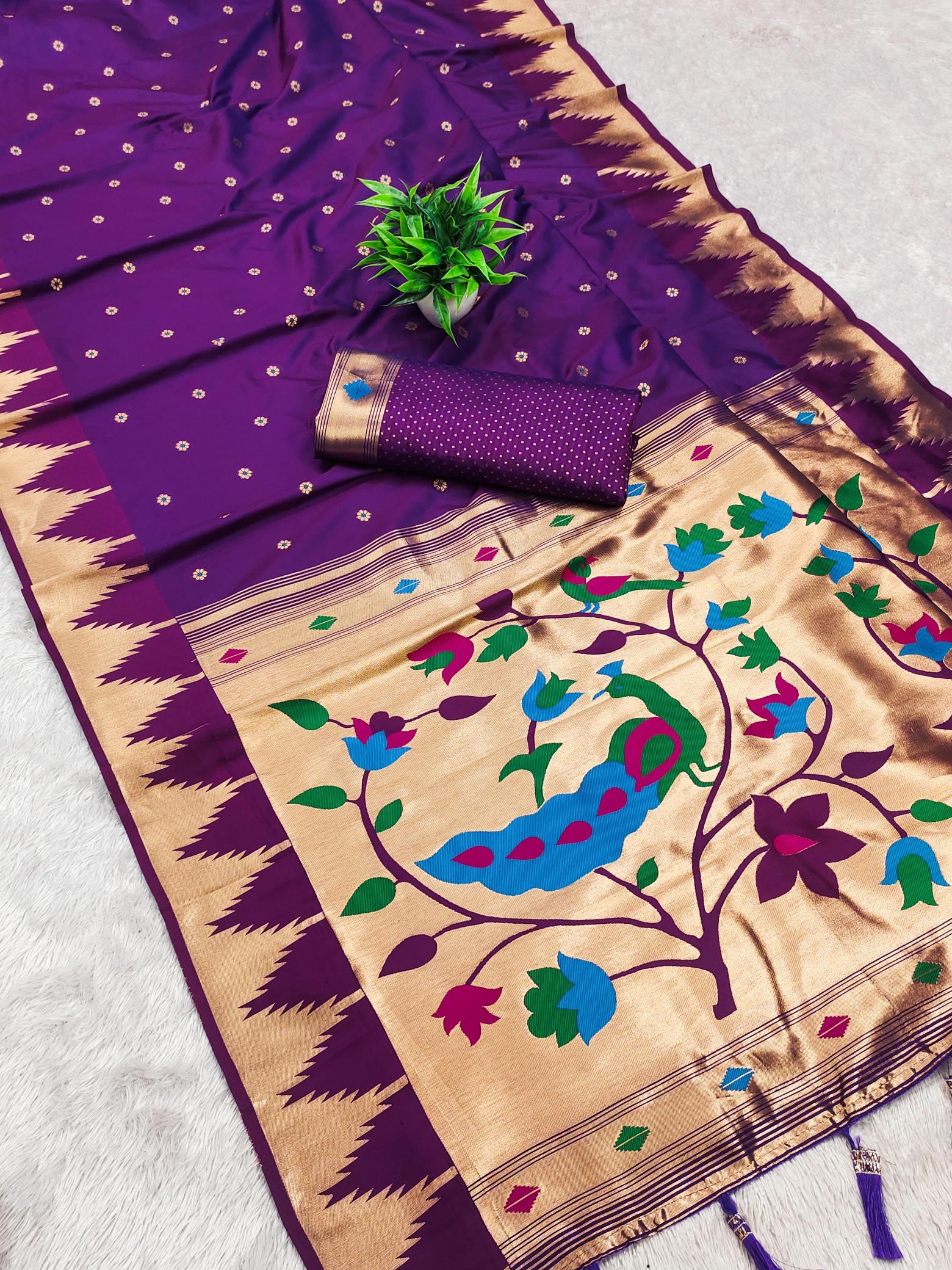 Temple paithani silk meenakari saree & pallu with sleeve border blouse surat sarees wholesale market
