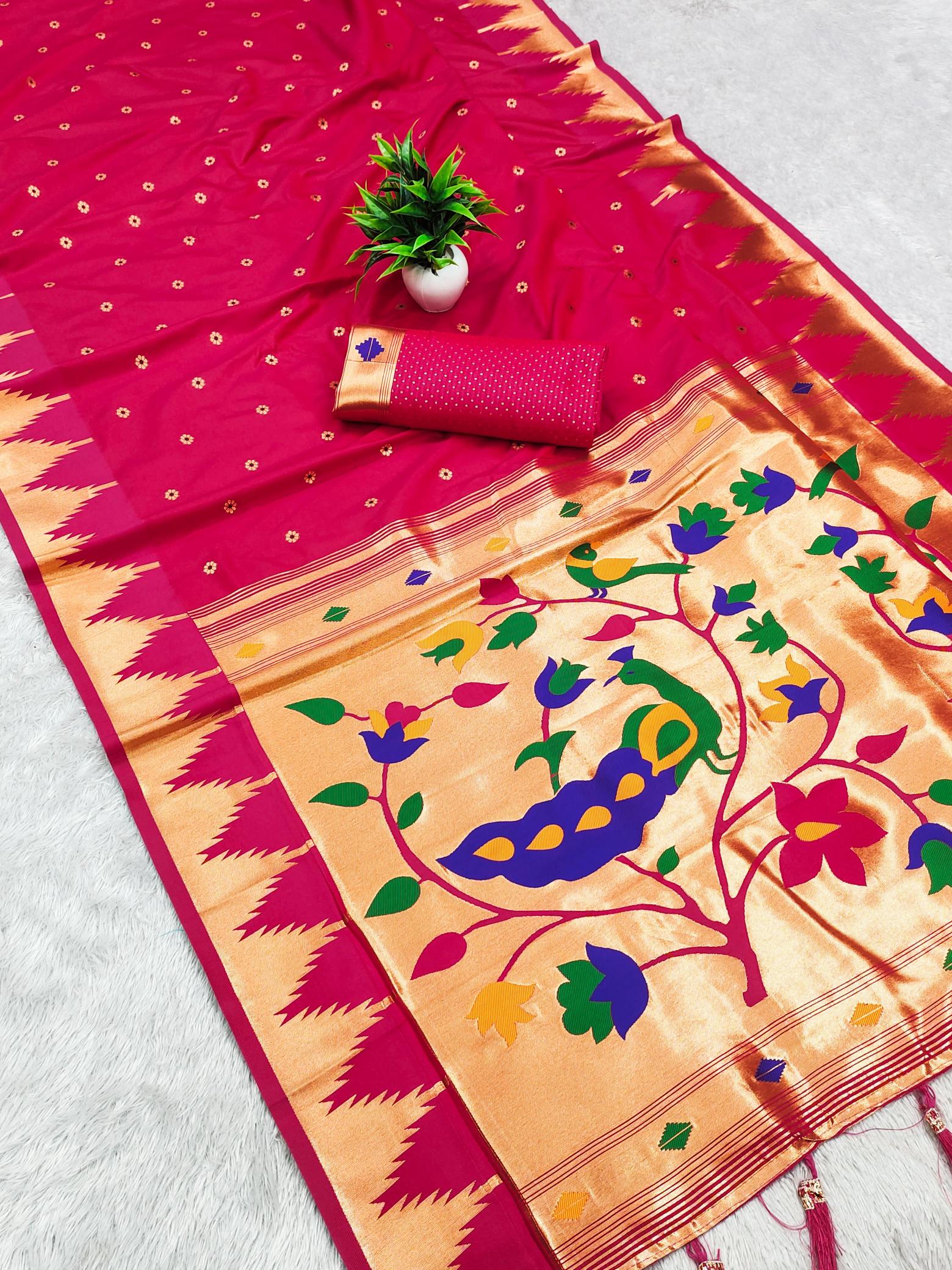 Temple paithani silk meenakari saree & pallu with sleeve border blouse surat sarees wholesale market