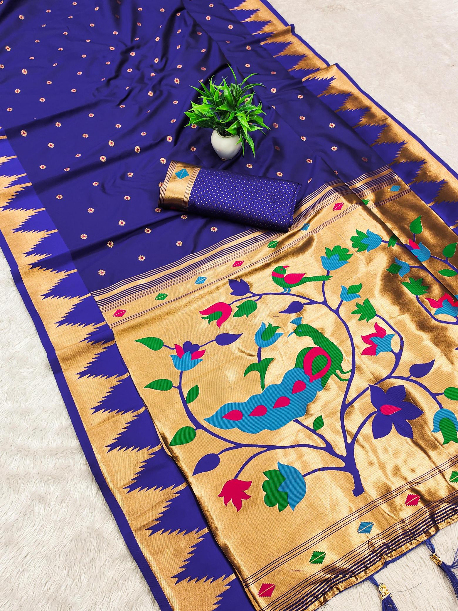 Temple paithani silk meenakari saree & pallu with sleeve border blouse surat sarees wholesale market