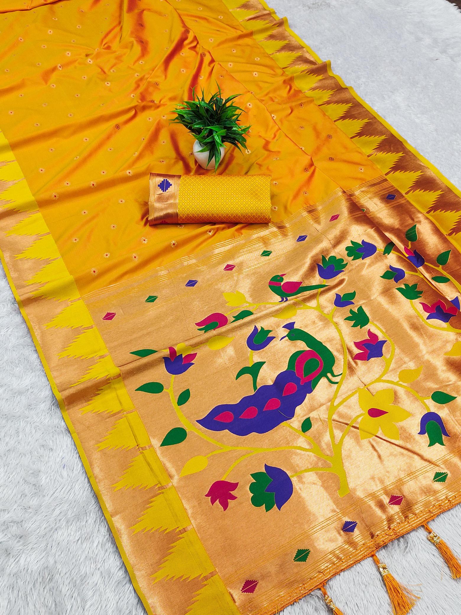 Temple paithani silk meenakari saree & pallu with sleeve border blouse surat sarees wholesale market