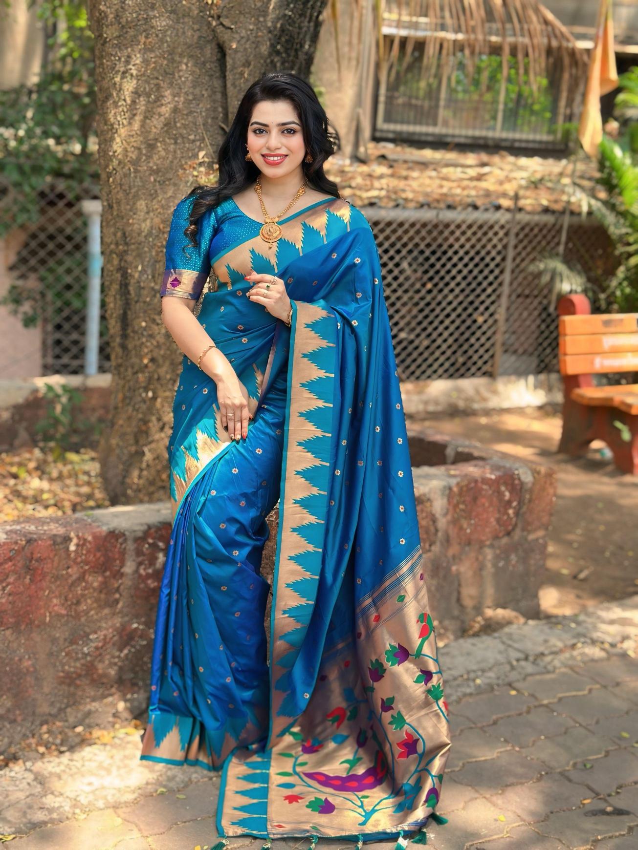 Temple paithani silk meenakari saree & pallu with sleeve border blouse surat sarees wholesale market
