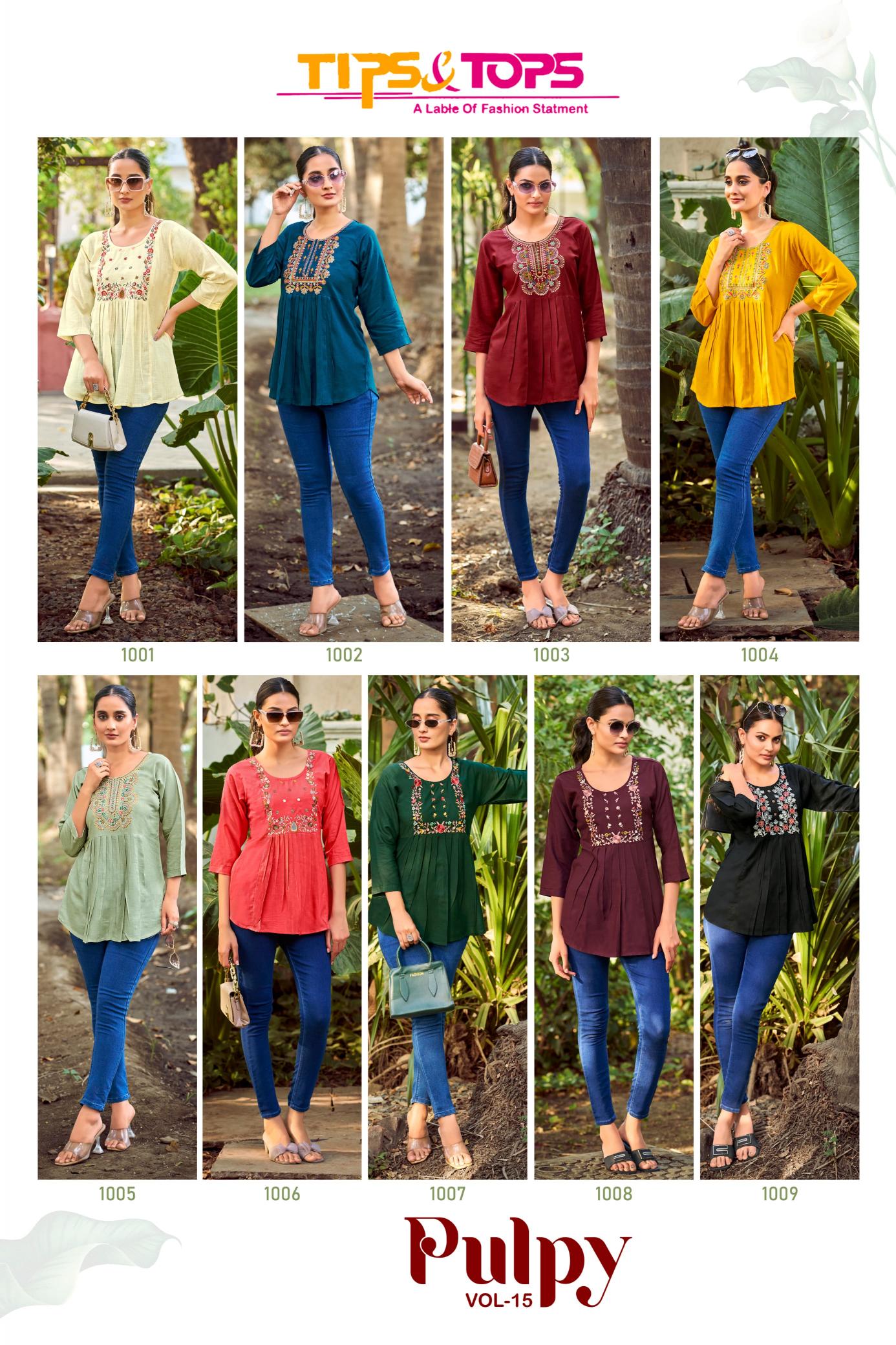 Tips & tops pulpy vol 15 fancy rayon short tops branded kurtis wholesale