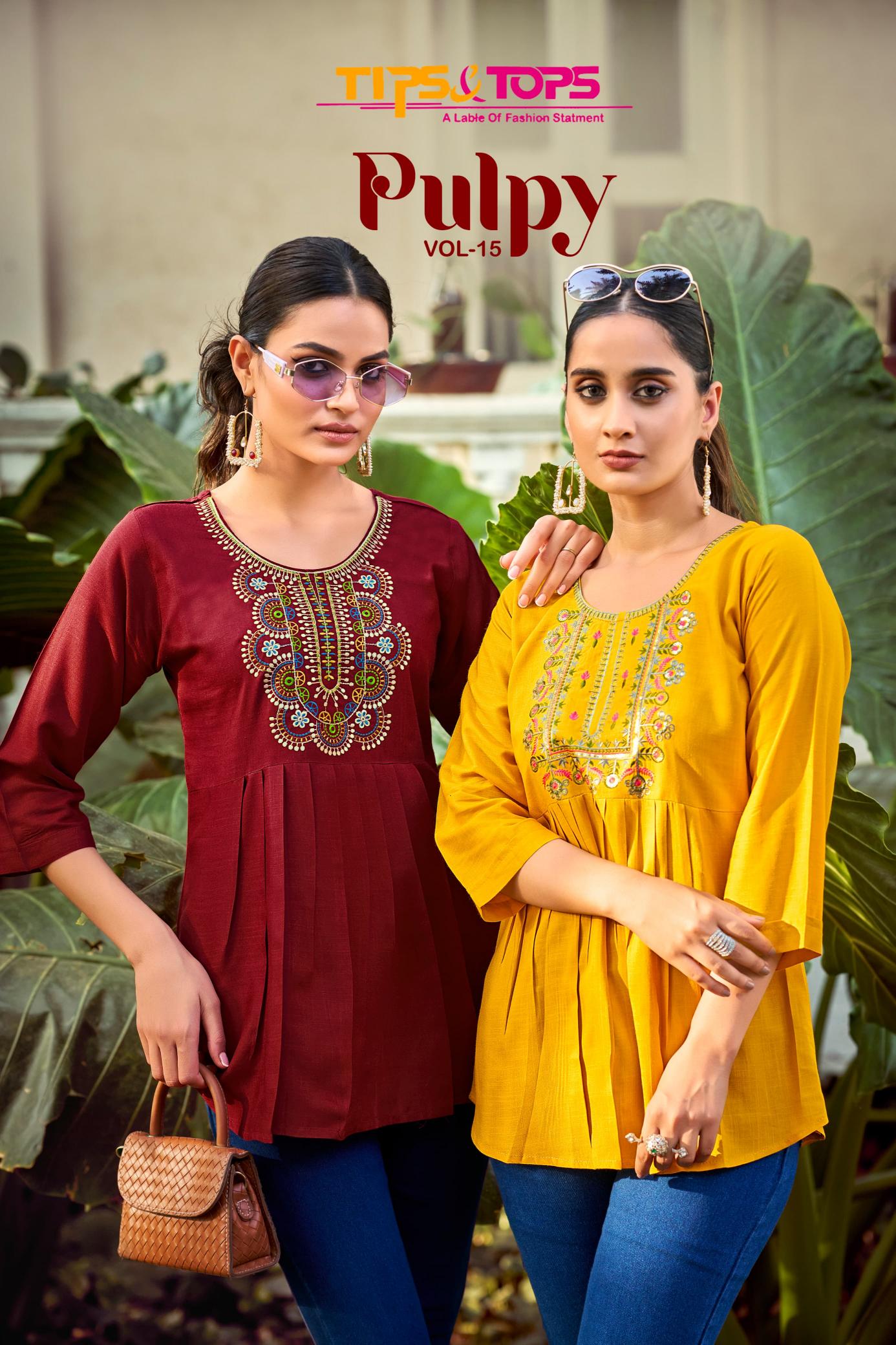 Tips & tops pulpy vol 15 fancy rayon short tops branded kurtis wholesale