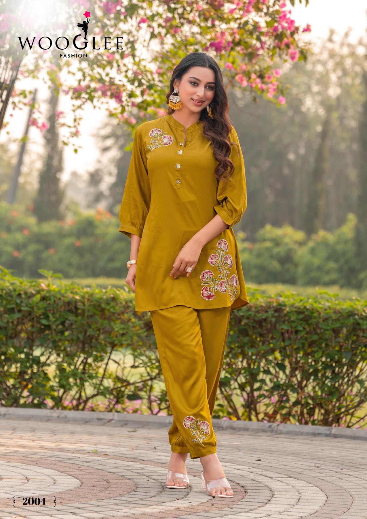 Wooglee rich look viscose satin coord set branded kurtis manufacturers in india
