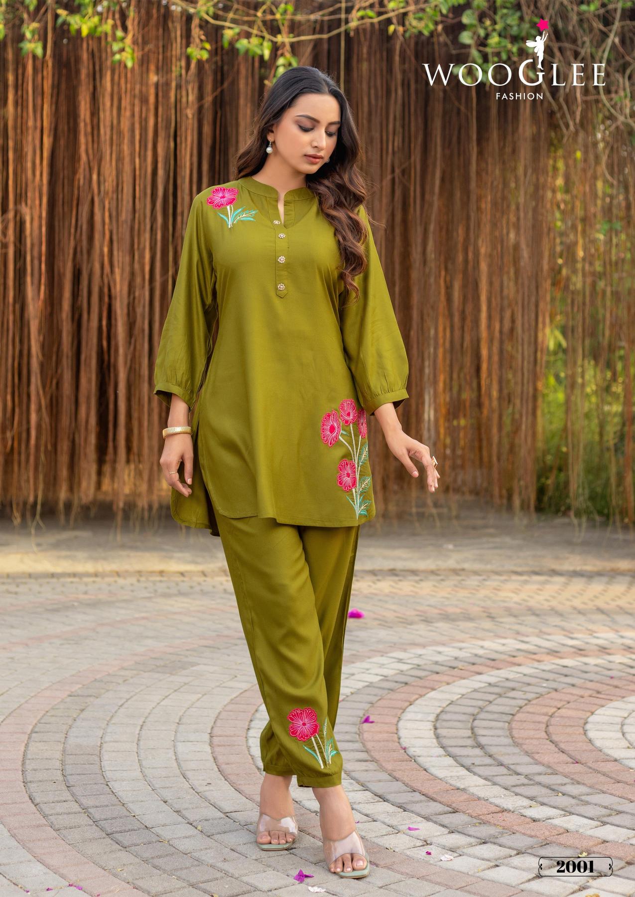 Wooglee rich look viscose satin coord set branded kurtis manufacturers in india