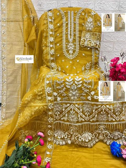 Alzohaib aafa organza with work wholesale market in mumbai for dress materials