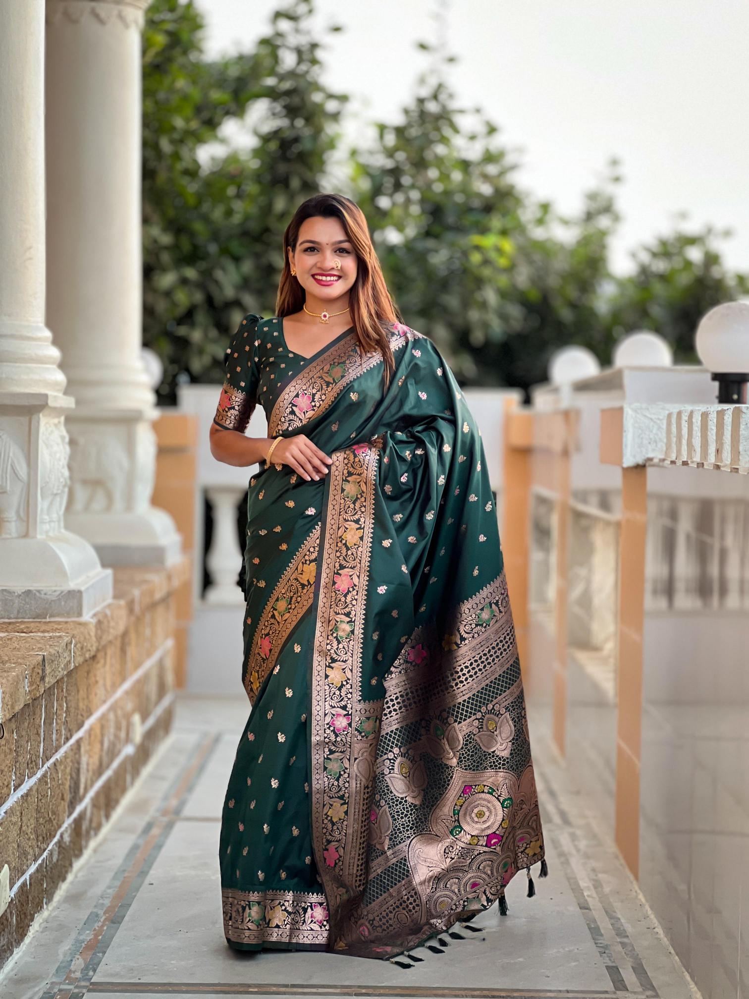 Banarasi-5 soft silk saree & rich pallu with blouse & silver border surat saree wholesale market