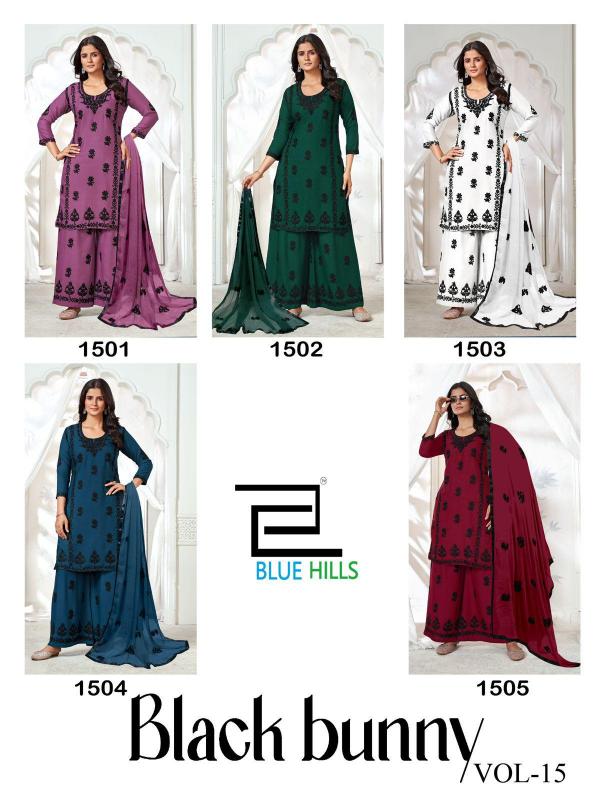 Blue hills black bunny vol 15 rayon with work top plazzo with dupatta branded kurtis wholesale 