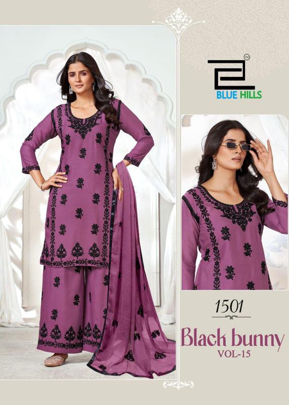 Blue hills black bunny vol 15 rayon with work top plazzo with dupatta branded kurtis wholesale 