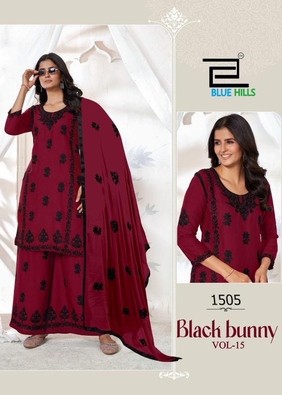 Blue hills black bunny vol 15 rayon with work top plazzo with dupatta branded kurtis wholesale 