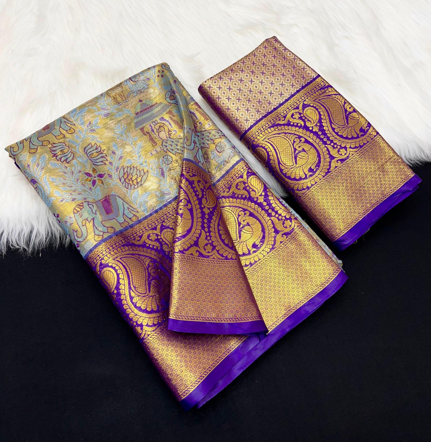 Bridal silk pushpa-vol-1 kanjivaram semi silk sarees & contrast khaddi border surat wholesale saree market