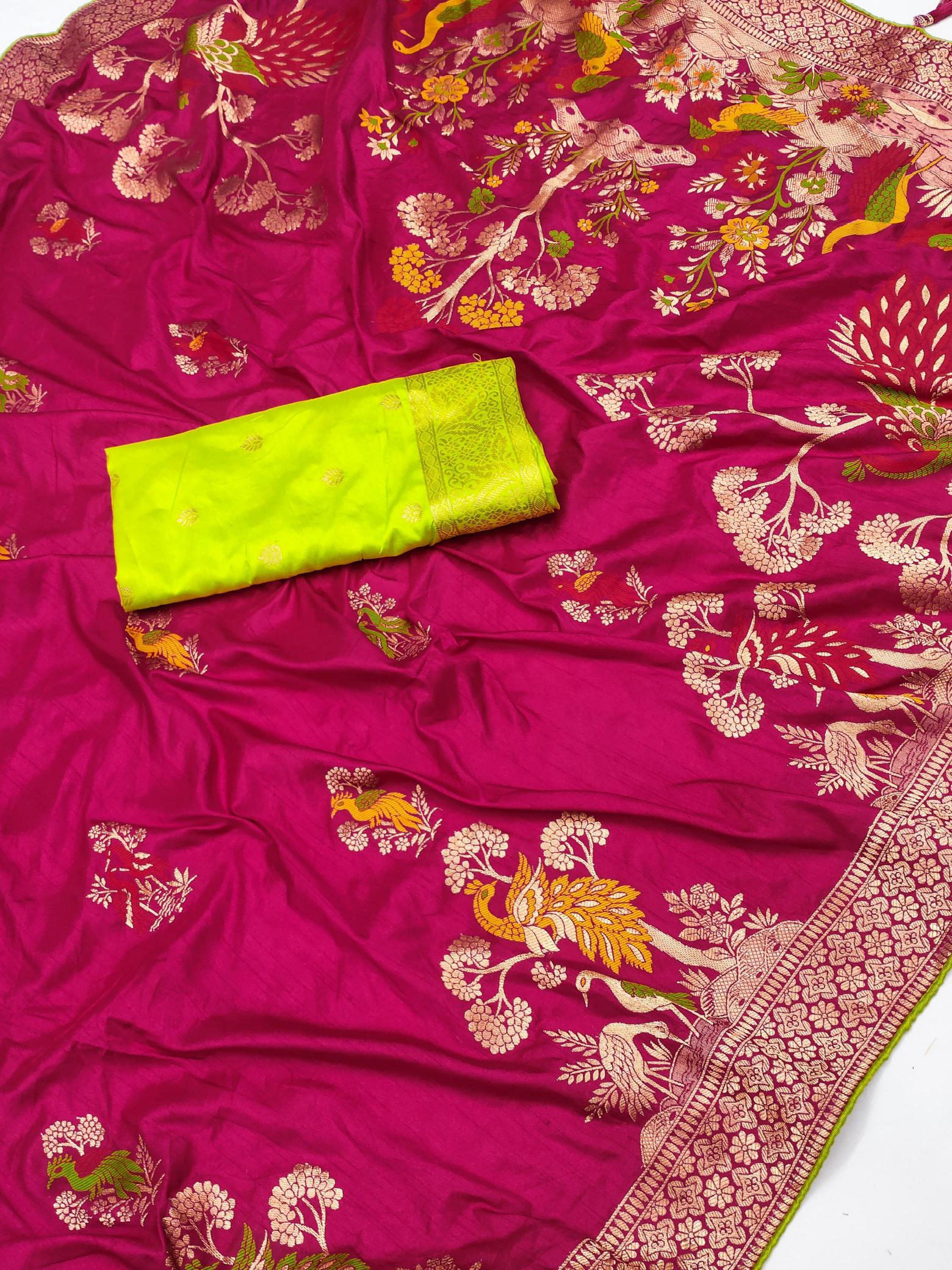 Dolla morni viscose dolla silk meenakari contrast blouse wholesale saree market in surat with price
