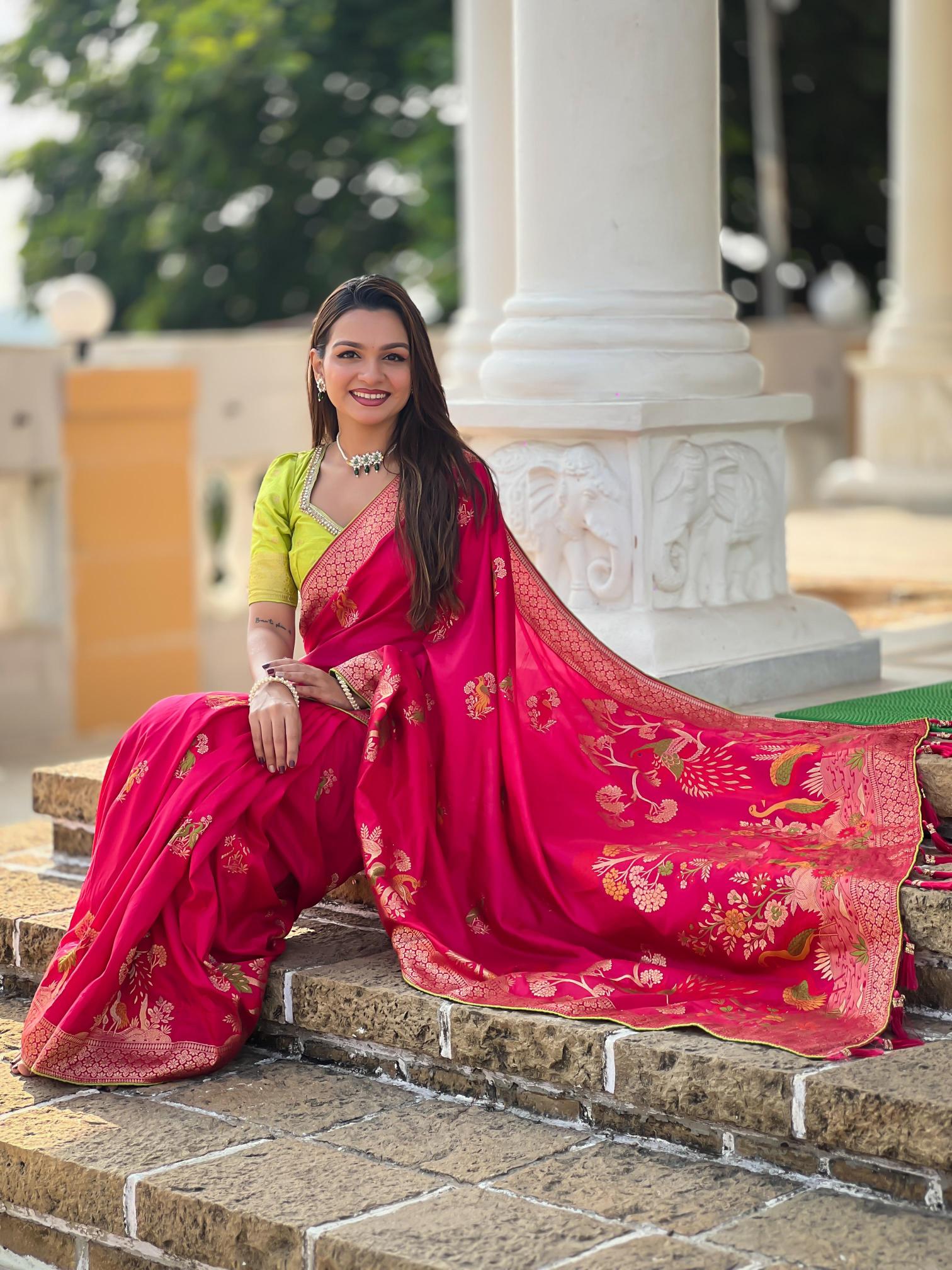 Dolla morni viscose dolla silk meenakari contrast blouse wholesale saree market in surat with price