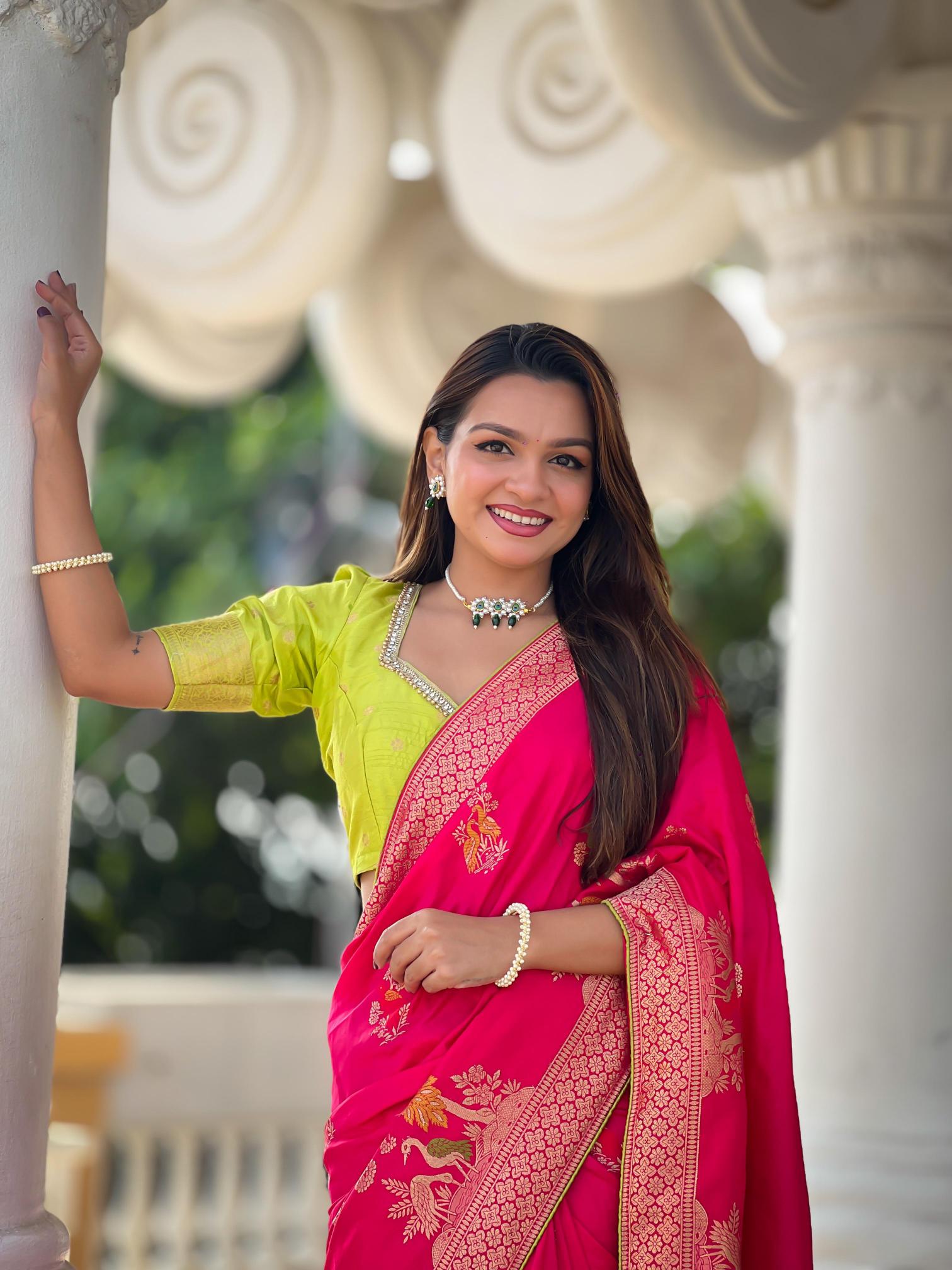 Dolla morni viscose dolla silk meenakari contrast blouse wholesale saree market in surat with price