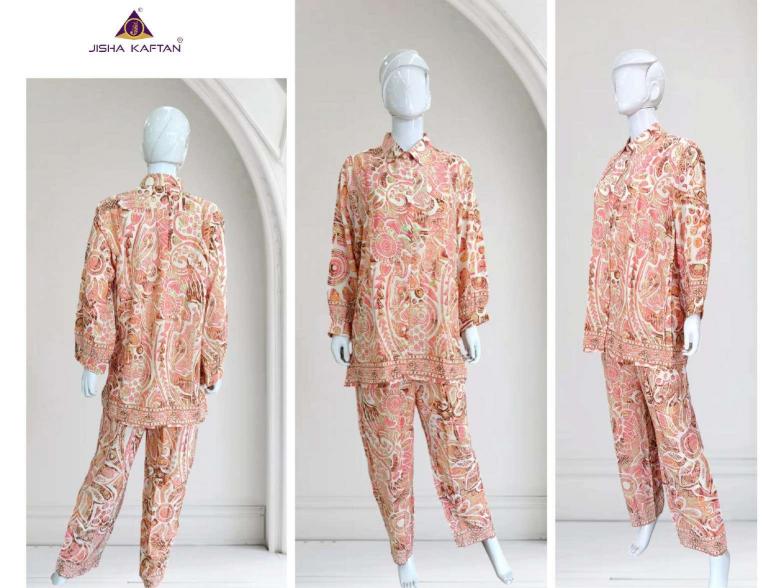 Jisha kaftan silk golden foil printed coord set branded kurtis wholesale
