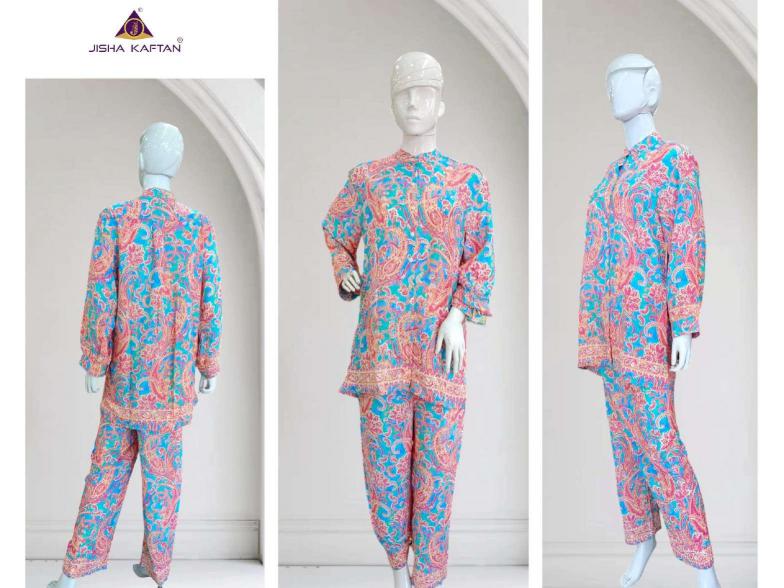 Jisha kaftan silk golden foil printed coord set branded kurtis wholesale