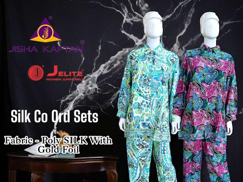 Jisha kaftan silk golden foil printed coord set branded kurtis wholesale