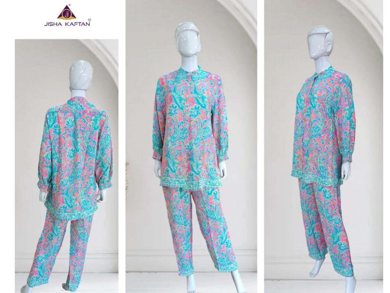 Jisha kaftan silk golden foil printed coord set branded kurtis wholesale