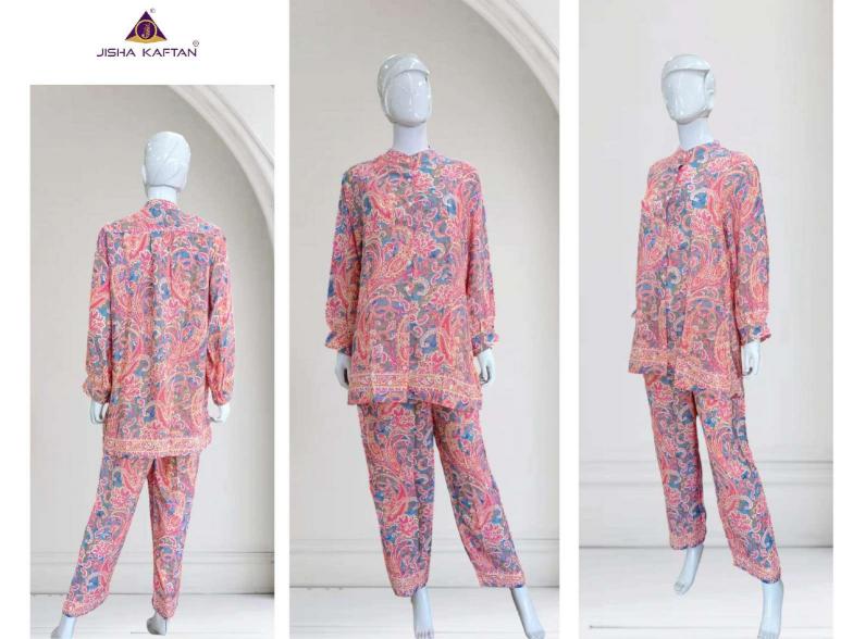 Jisha kaftan silk golden foil printed coord set branded kurtis wholesale