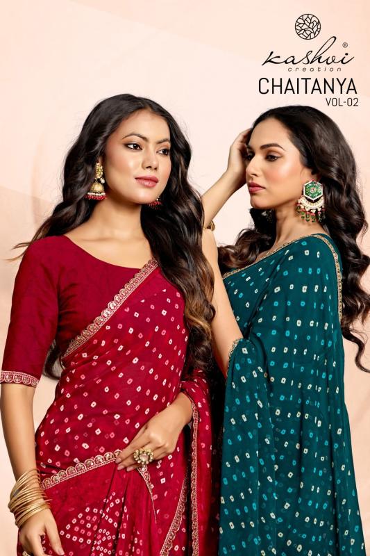 Kashvi creation chaitanya vol 2 bandhej pitha work lace sarees wholesale online shopping
