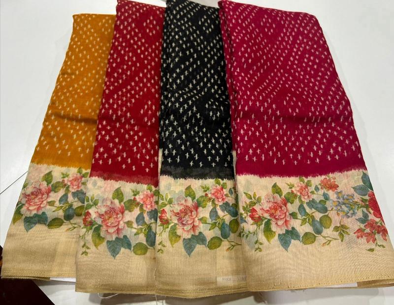 Linen digital print saree with floral printed blouse saree wholesale market surat