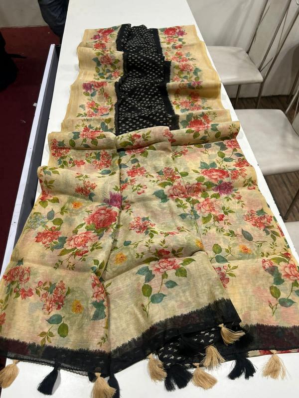Linen digital print saree with floral printed blouse saree wholesale market surat