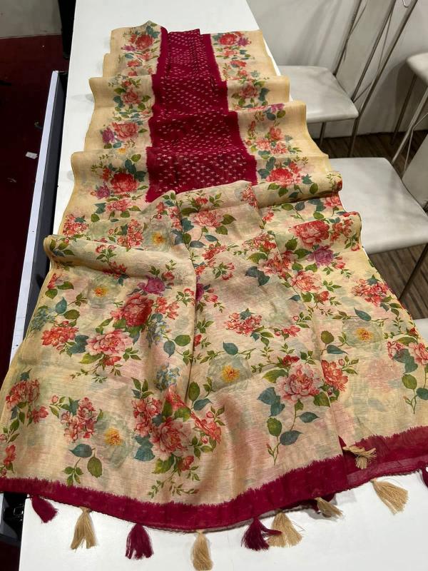 Linen digital print saree with floral printed blouse saree wholesale market surat
