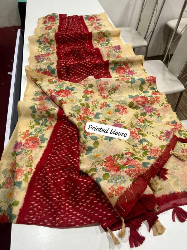 Linen digital print saree with floral printed blouse saree wholesale market surat