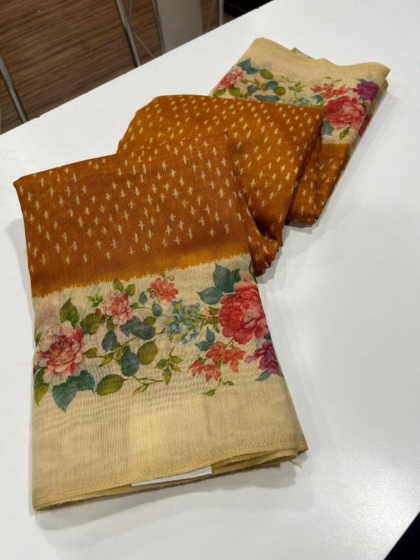 Linen digital print saree with floral printed blouse saree wholesale market surat