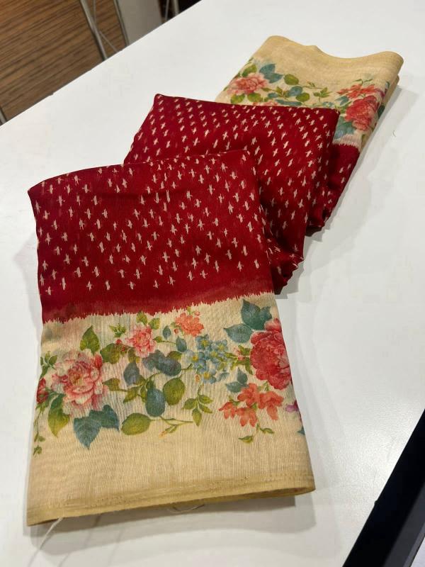 Linen digital print saree with floral printed blouse saree wholesale market surat