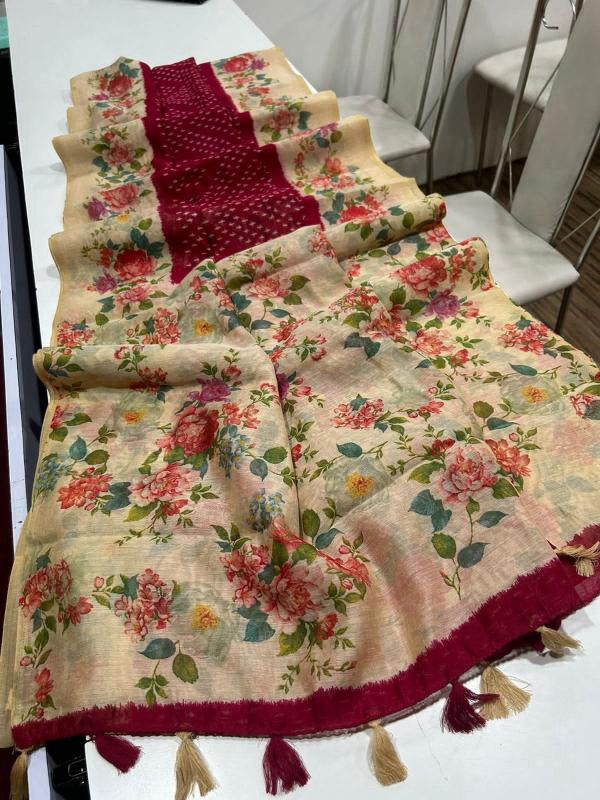 Linen digital print saree with floral printed blouse saree wholesale market surat