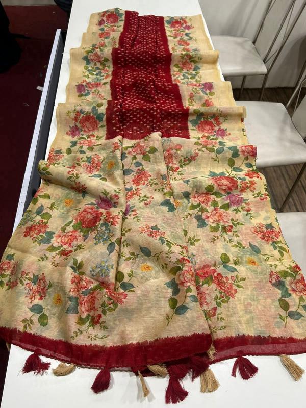 Linen digital print saree with floral printed blouse saree wholesale market surat