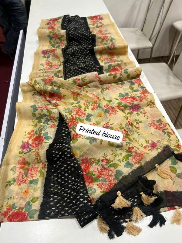 Linen digital print saree with floral printed blouse saree wholesale market surat