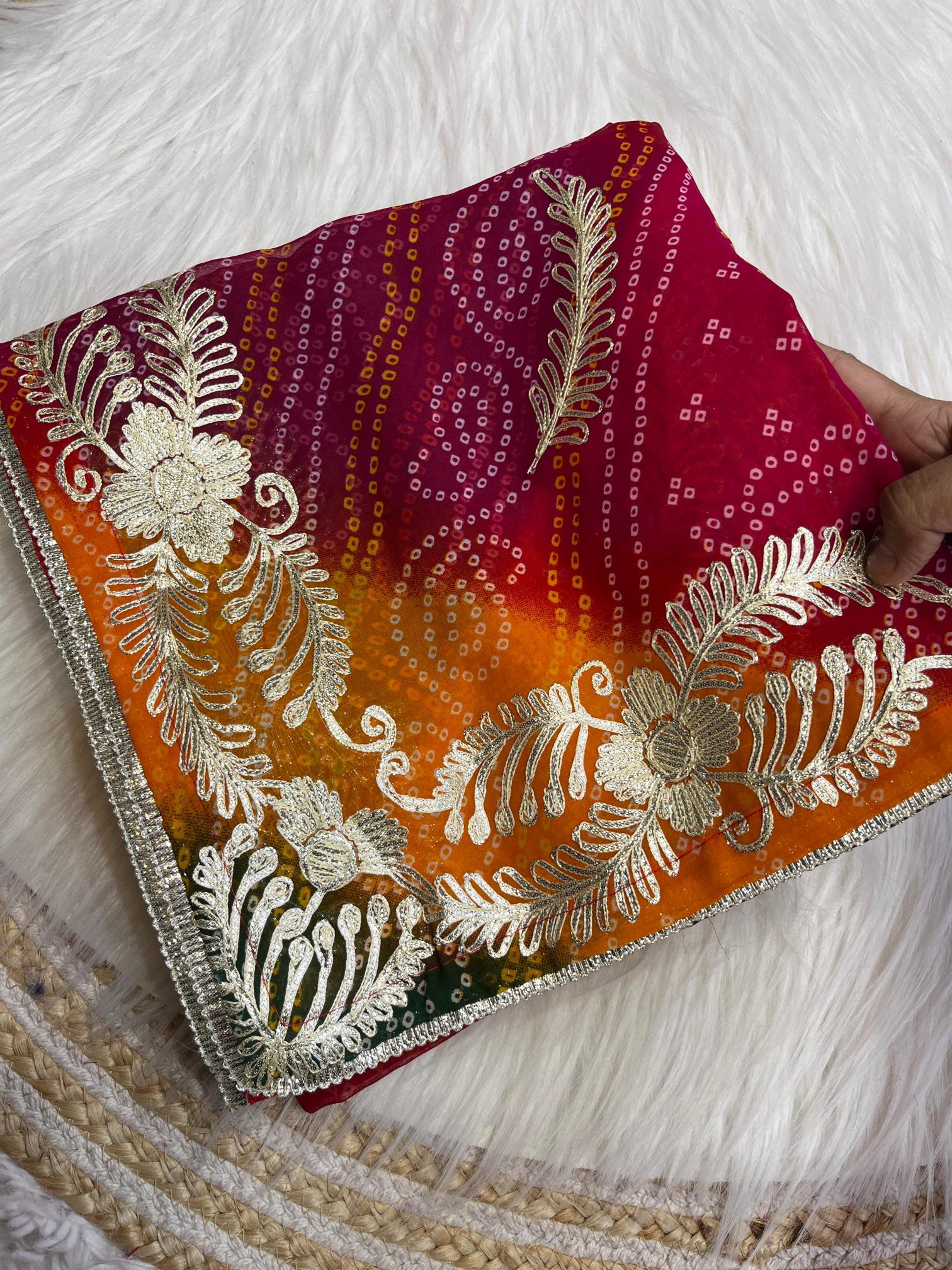 Mahaveer silks soft georgette pachrangi bandej surat wholesale saree market