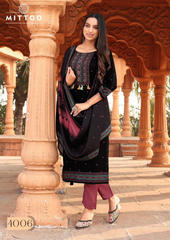 Mittoo colordrop heavy rayon top bottom dupatta kurtis manufacturers in india