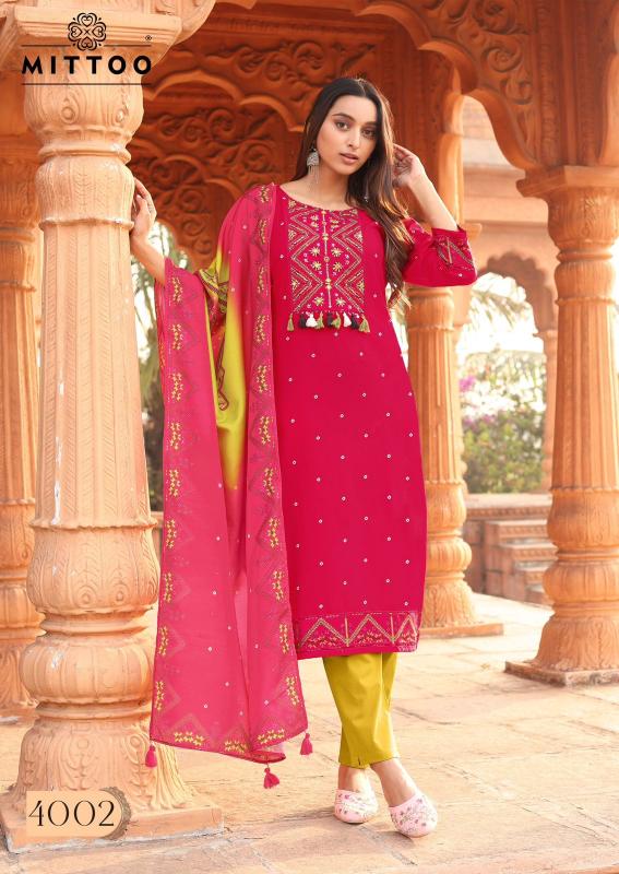 Mittoo colordrop heavy rayon top bottom dupatta kurtis manufacturers in india