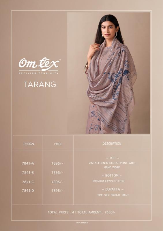Omtex tarang vintage linen digital print pranjul dress material wholesale price
