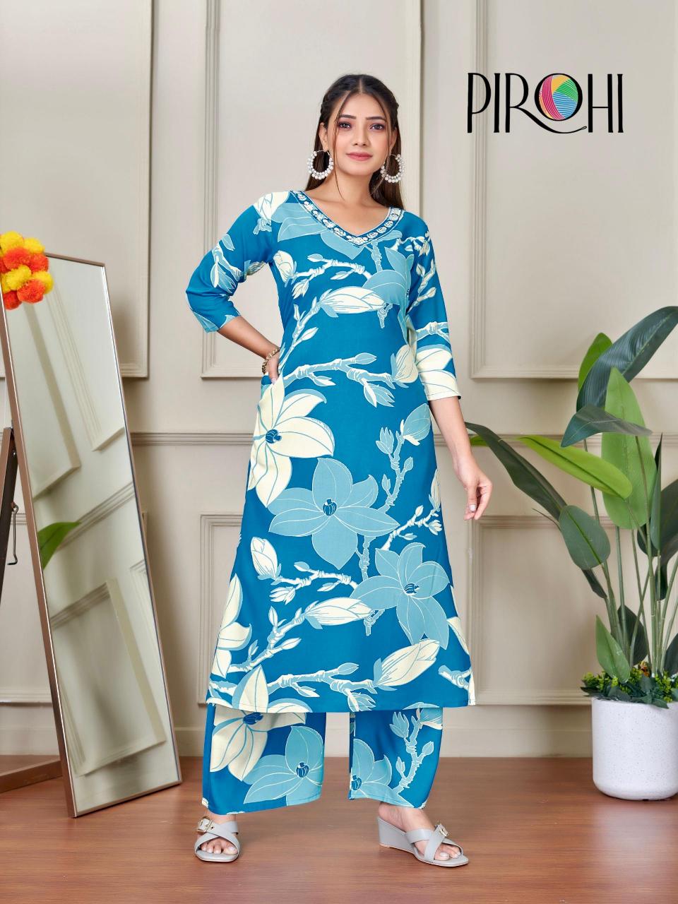 Pirohi kanchi rayon prints coord set branded kurtis wholesale