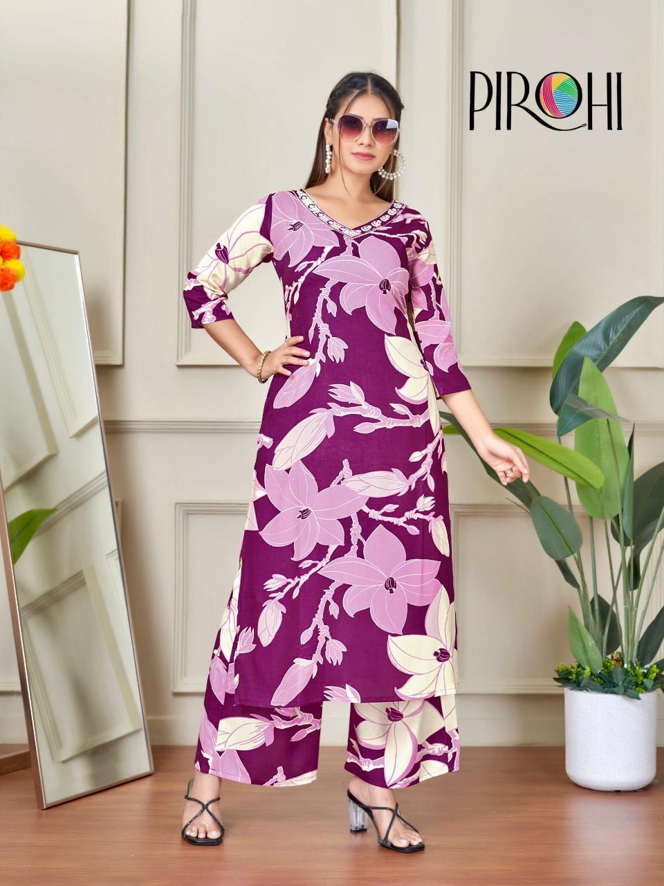 Pirohi kanchi rayon prints coord set branded kurtis wholesale
