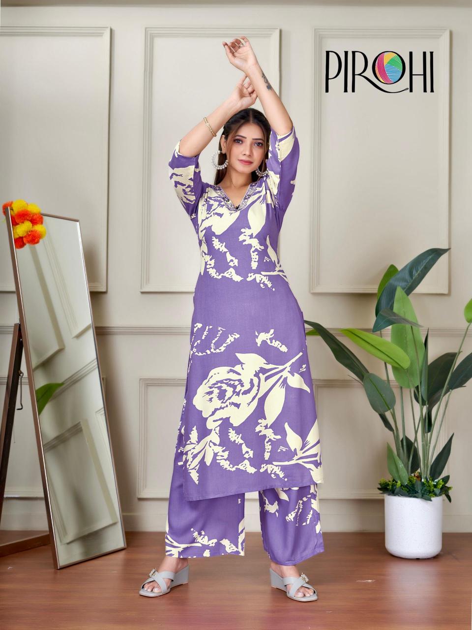 Pirohi kanchi rayon prints coord set branded kurtis wholesale